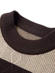 Men's Grey Striped Sweater, Suitable For Business, Commuting, And Casual Wear; A Thick, Round-Neck Knit Sweater For Autumn And Winter. - Khaki - View 9