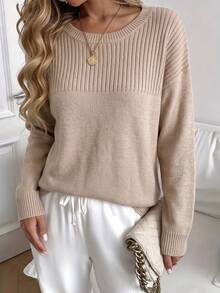 Women's Fall Winter Oatmeal Ribbed Chest Panel Crew Neck Long Sleeve Knit Sweater, Drop Shoulder Oversized Slouchy Casual Office Daily Commute Wear - Oatmeal Color - View 3
