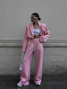 Women's Autumn Two‑Piece Set - French Elegant Commuter Academy‑Style Short Blazer With High‑Waisted Loose Wide‑Leg Pants - Pink - View 7