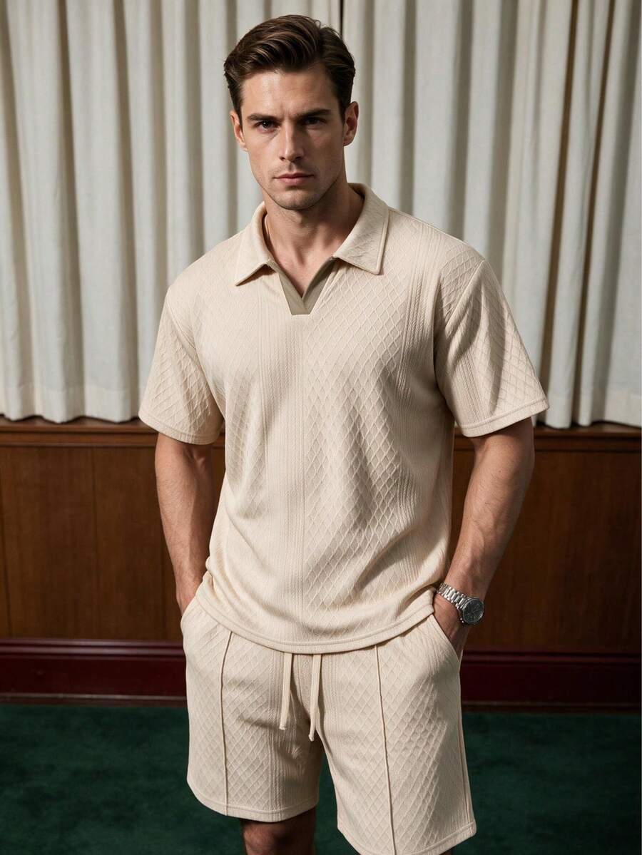 Conjunto de verano para hombres de unicolor, con diseño de rombos, transpirable, para vacaciones y viajes, minimalista de jacquard - Caqui - Ver 1