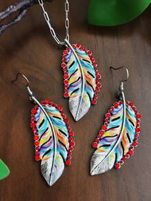1 Set Painted Feather Rhinestone Pendant Necklace & Earrings Set, Western Vintage Distressed Silver Colorful Rhinestone Feather Earrings, Multi-Color Accessories - Necklace+Earrings - View 8
