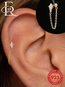 EleRunis 1pc 925 Sterling Silver Delicate Asymmetrical Chain Flat Back Stud Earring, Suitable For Cartilage/Helix/Conch Piercing, Exquisite Jewelry For Daily Wear/Party - Gold - View 2
