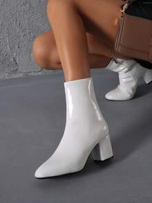 Women's White Patent Leather Solid Color Square Toe Chunky Heel Side Zipper Ankle Boots For Date And Dressy Occasions, Autumn/Winter - White - View 4