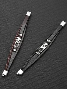 1pc Stainless Steel Skull Leather Braided Bracelet, Minimalist Multi-Layer Handmade Woven Bangle, Fashion Street Style Jewelry - Skeleton - View 3