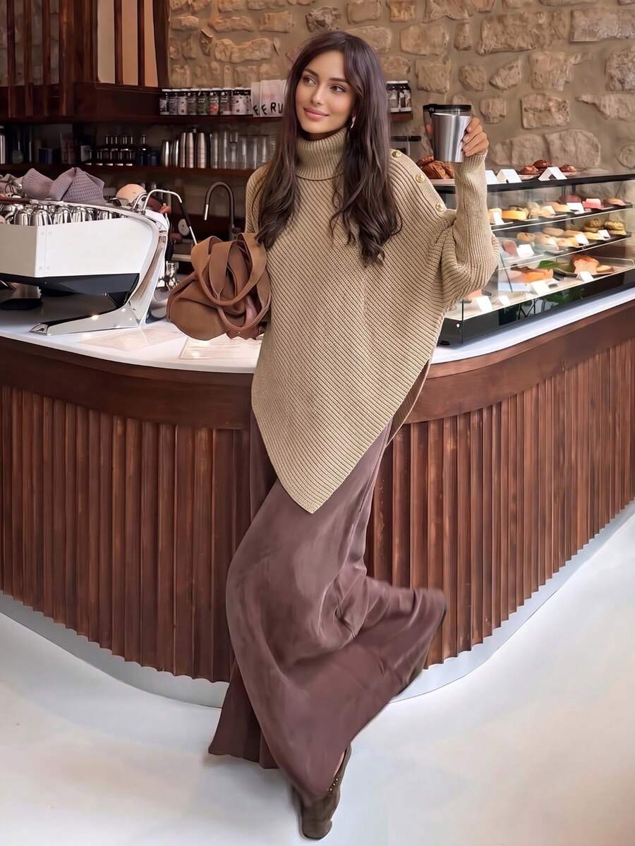 2026 New Autumn/Winter High Neck Fashion Women's Clothing, Women's New Asymmetrical Cape-Style High Neck Sweater, Loose Fit Sweater, Vintage Elegant, Daily Street Fashion Elegant Commute Business Casual, Outwear, Winter Thick Warm Sweater. Khaki Color Sweater, Halloween Costume, Christmas Costume