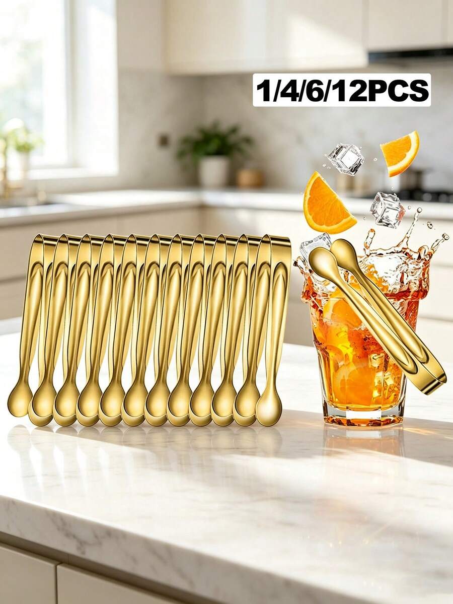 1/4/6/8/12 cái kẹp mini bằng thép không gỉ dùng cho nhà bếp và thực phẩm, kẹp đá phù hợp để phục vụ, quầy cà phê, tiệc trà, trà chiều, đám cưới, tụ họp ngày lễ, xô đựng đá - Vàng - Xem 1