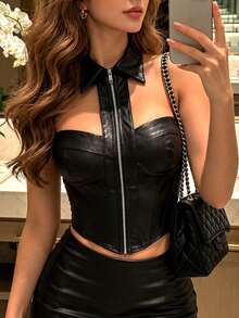 Vexica Women's Sexy Black PU Leather Corset Top, Front Zipper Sleeveless Vest, Suitable For Night Out And Daily Wear, Elegant Vacation Outfit - Black - View 4