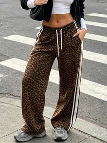 Women's Vintage Leopard Print Wide Leg Pants, White Contrast Side Stripes, Elastic Drawstring Waist, Loose Casual Sports Pants - Brown - View 1