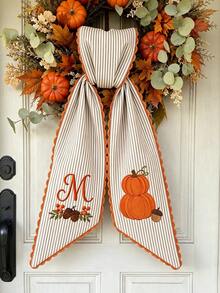 Personalized Custom Embroidered Pumpkin Wreath Ribbon Bow, Striped Fan-Shaped Edge Wreath Ribbon, Custom Text Letter Door Wreath Decoration, Halloween Door Decor Gift, Winter Holiday Front Door Home Decor - Multicolor - View 7
