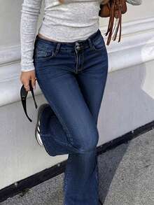 American Sexy Hot Girl Style Women's Pocket Denim Jeans, Low Waist, Front Button Design, Washed Solid Color - Dark Wash - View 3