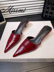 French Style Satin High Heel Pink Closed Toe Half-Slipper Fairy Shoes 2026 Spring/Summer Pointed Toe Rhinestone Shoes - Burgundy - View 1