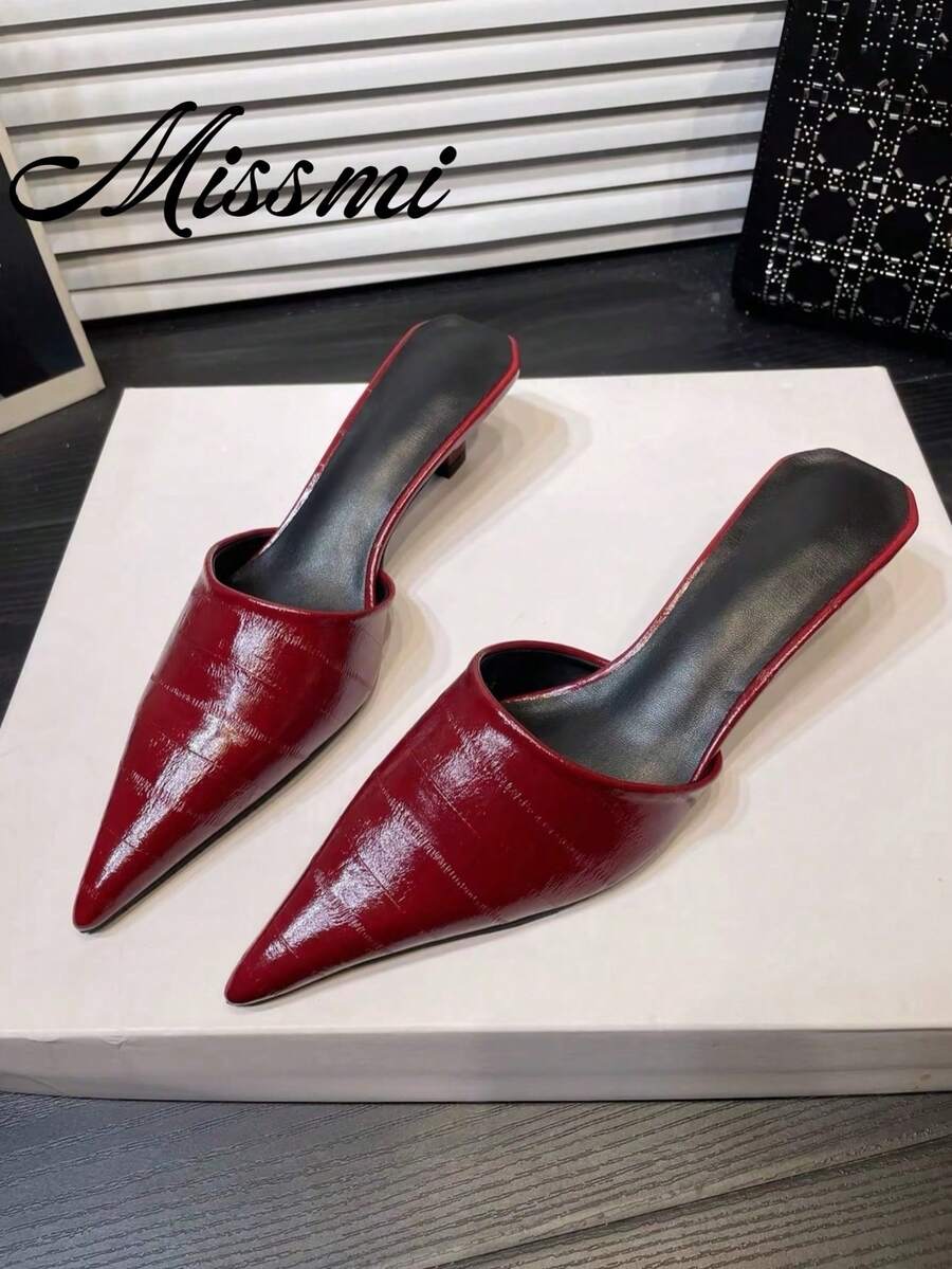 French Style Satin High Heel Pink Closed Toe Half-Slipper Fairy Shoes 2026 Spring/Summer Pointed Toe Rhinestone Shoes - Burgundy - View 1