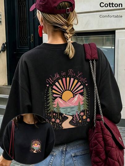 Bawełniana czarna bluza damska oversize w stylu Y2K gotyckim, sportowa modna bluzka z długim rękawem na jesień/zimę, powrót do szkoły, nadruk słońca i gór