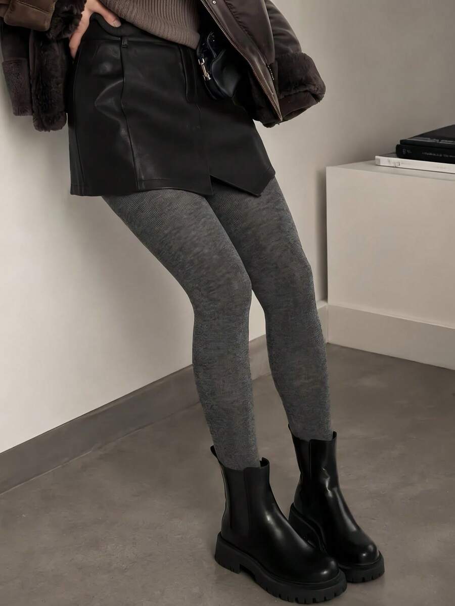 1 Pair Vintage Grey Textured Tights, Plus Size, Opaque Warm Pantyhose For Autumn/Winter - Multicolor - View 1