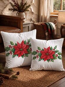 1pc/2pcs Christmas Simple Poinsettia Pattern Waffle Fabric Cushion Cover, Single-Sided Printed Soft Waffle Polyester Material, Waffle Pillowcase Suitable For Room Decoration, Modern Minimalist Sofa Living Room Decor, Gift Giving, Party Decoration - Multicolor - View 4