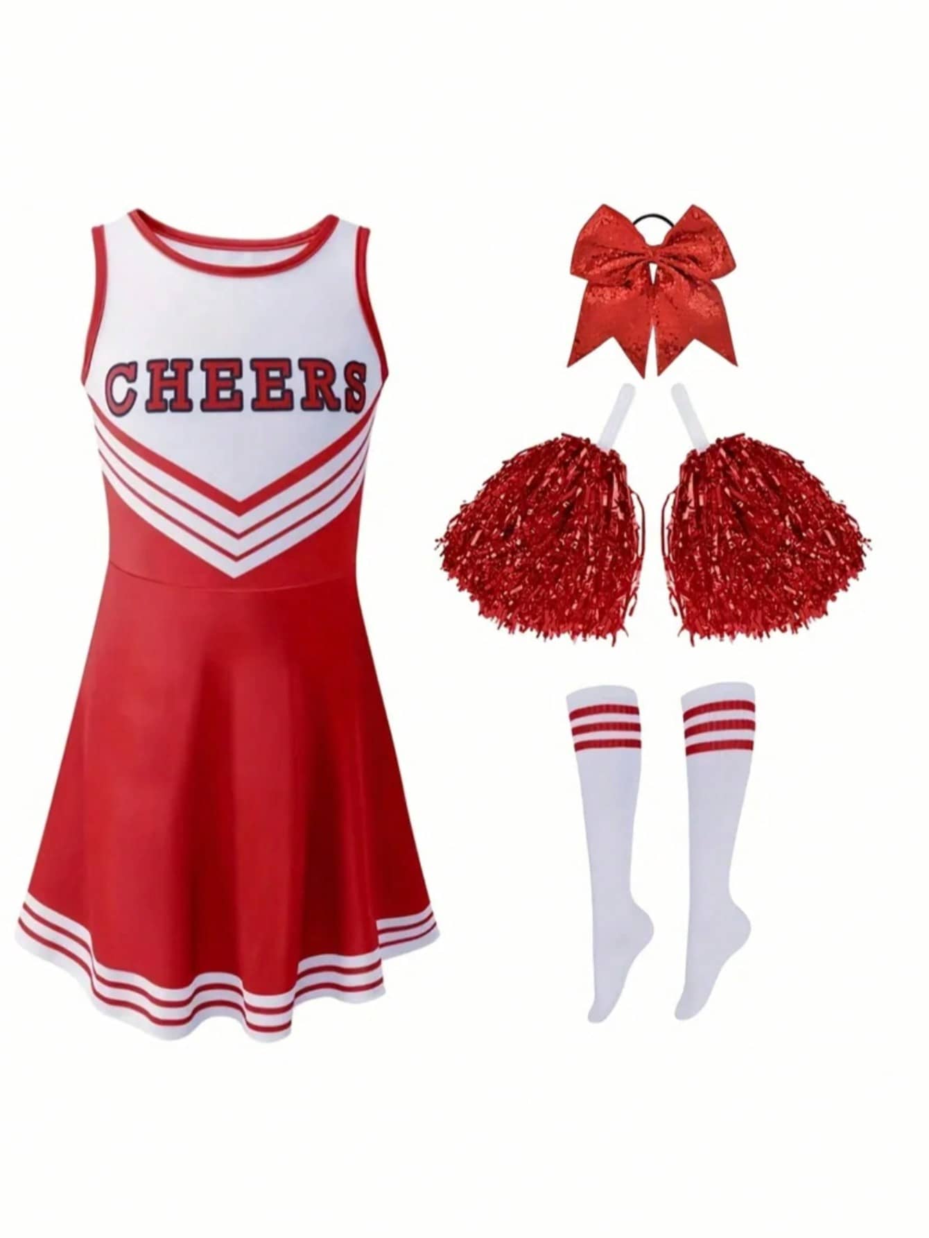 New Cheerleading Performance Outfit 3 Pieces Set (Dress, Pom-Poms, Socks) Football Cheerleader Gymnastics Tight Dress, Fashionable Kawaii Party Costume Set, Cosplay Outfit - Red - View 1