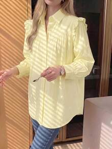 Solid Color Front Button Ruched Ruffle/Flounce Blouse Office Casual Spring Summer Autumn Long Sleeve Shirt For Women - Yellow - View 2