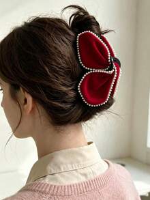 1pc Solid Color Velvet Pearl Bow Large Hair Claw, Versatile Hair Accessory For Daily/Date/Commute - Multicolor - View 1