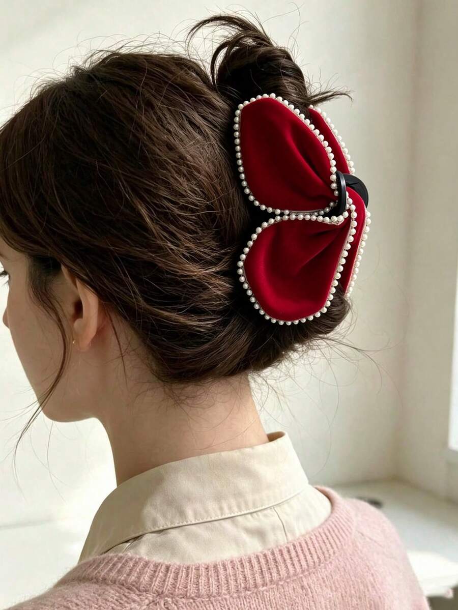 1pc Solid Color Velvet Pearl Bow Large Hair Claw, Versatile Hair Accessory For Daily/Date/Commute - Multicolor - View 1