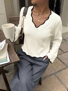 女款白色V領針織套頭毛衣，秋冬時尚 - 白色 - 查看 6