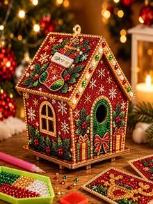 DIY 3D Christmas Wooden House Pearl & Rhinestone Craft Kit, Multiple Styles Holiday Rhinestone Mosaic Craft Set, Suitable For Adult Beginners, Handmade Christmas Home Decor Tabletop Ornament, Relaxing Hobby Christmas Gift, Gift For Craft Lovers - Sets - View 2