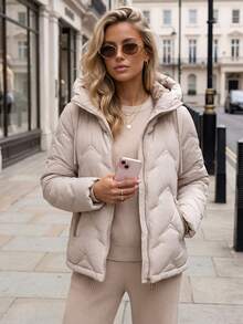 Women's Quilted Hooded Jacket With Drawstring Hood, Zip Front, Side Pockets And Regular Fit - Beige - View 4
