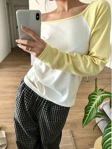 女款露肩長袖針織上衣，圓領設計，時尚常規長度，秋季針織毛衣 - 黃色 - 查看 5