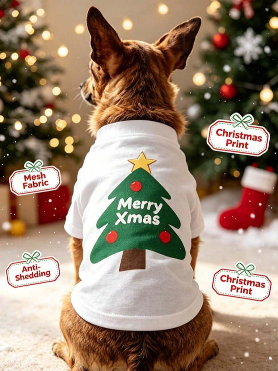 1pc Christmas Print Breathable Anti‑Shedding Pet Tank Vest, Lightweight Comfortable Clothes For Small Dogs & Cats - Multicolor - View 1