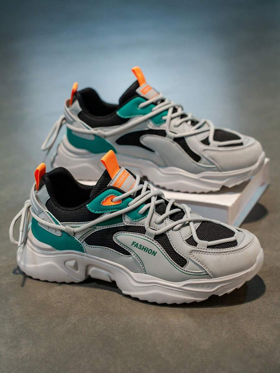 Men's New Colorblock Patchwork Minimalist Casual Chunky Sneakers, Versatile Outdoor Commute High Platform Sports Sneakers For Teenagers