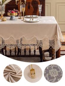 1pc Italian Velvet Embroidered Tablecloth, Luxurious Lace Trim Decor, Suitable For Dining Table, Tea Table, Bedside Cabinet Decoration, Holiday Gift, Wedding, Party Decor - Apricot - View 11