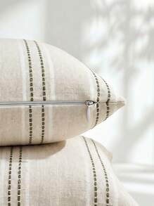 Veyra Day 1 件亚麻抱枕套，波西米亚纹理枕套，米色配白色和海军蓝针色织条纹靠垫套，适用于沙发客厅（仅枕套） - 橄欖綠 - 查看 8