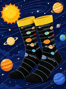 1/3/5 Pairs Cartoon Planet Autumn/Winter Simple Men's Mid-Calf Socks, Best Gift For Boyfriend And Girlfriend, Halloween And Christmas - Multicolor - View 9