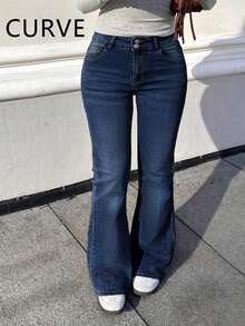 Plus Size Women's Flare Jeans, Long Length With Pockets, Button, Zipper And Stretchy Fabric - Dark Wash - View 4