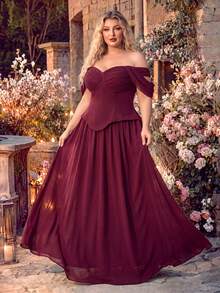QOQ Plus Size Women Elegant Charming Chiffon Sleeveless Formal Evening Gown, Ruched Bust, Pleated Design, Suitable For Ball, Wedding Guest, Cocktail Party, Long Occasion Dress - Burgundy - View 5