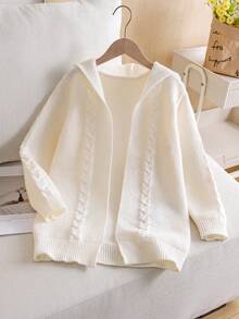 Girls Cute Solid Color Cable Knit Hooded Mid-Length Buttonless Cardigan Sweater Jacket, Suitable For Vacation, Casual, Spring, Autumn, Winter - Apricot - View 1