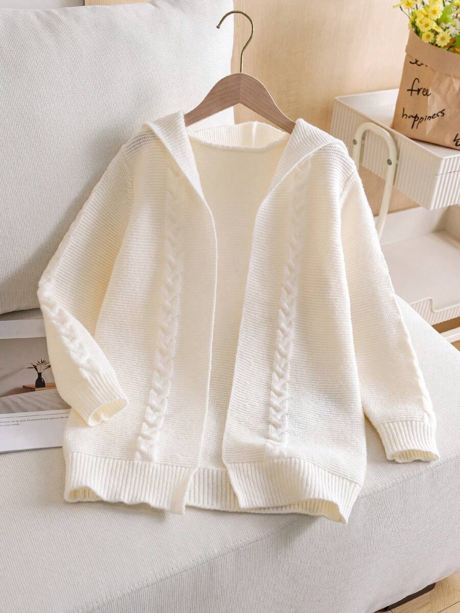 Girls Cute Solid Color Cable Knit Hooded Mid-Length Buttonless Cardigan Sweater Jacket, Suitable For Vacation, Casual, Spring, Autumn, Winter - Apricot - View 1