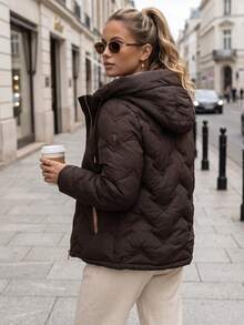 Women's Quilted Hooded Jacket With Drawstring Hood, Zip Front, Side Pockets And Regular Fit - Brown - View 3
