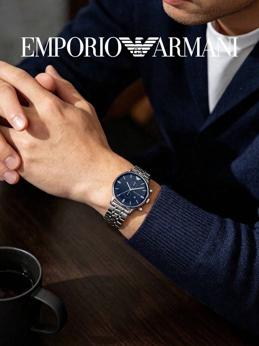 Armani Men's Quartz Chronograph Watch, Deep Blue Dial, Stainless Steel Band, 50m Water Resistant, Luminous Hands, Date Window, AR1648 - Silver - View 1