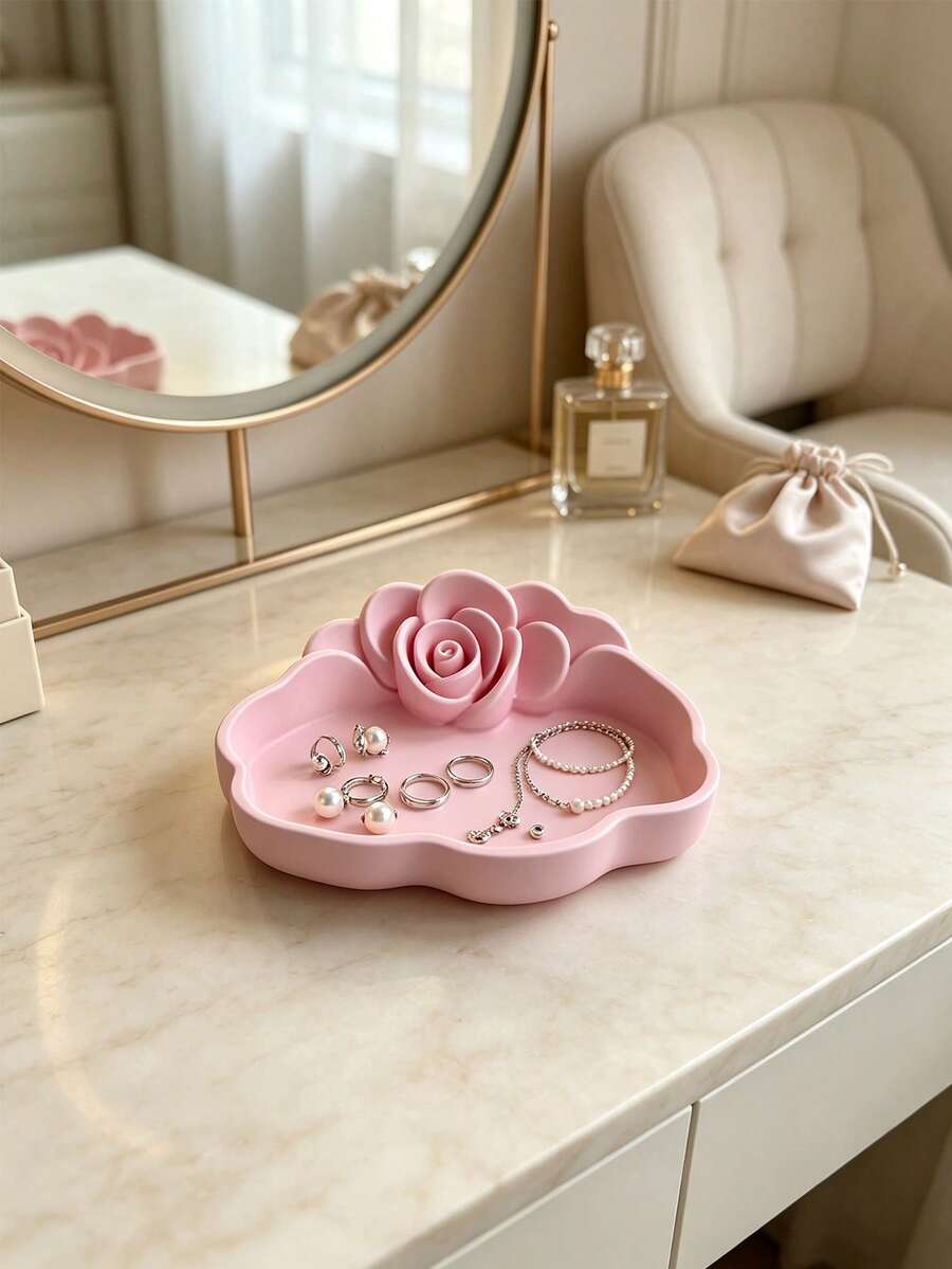 2/1pc Rose Flower Jewelry Tray, Pink Mini Earring Ring Storage Dish, Ins Style Vanity Jewelry Organizer, Desktop Decor, Halloween Gift, Christmas Gift, Birthday Gift - Pink - View 1