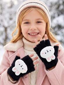 1 Pair 5-15Y Girls Cute 3D Rabbit Flap Half-Finger Plush Gloves, Sweet Accessory, Mid-To-Large Kids, Girls, Autumn/Winter Half-Warm Half-Length Gloves With Exposed Fingers - 1Pair - View 4