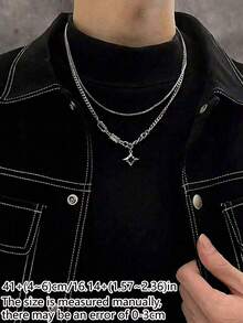 Set Kalung Pria 2 Buah, Set Kalung Liontin Bintang Geometris CZ Bertatahkan Stainless Steel yang Modis dan Dapat Dipersonalisasi, Cocok untuk Pemakaian Sehari-hari dan Pesta - MultiWarna - View 7