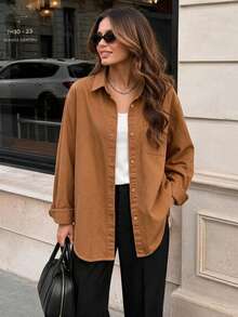 Women's Solid Color Pocket Front Button-Down Casual Shirt, Autumn - Warm Orange Brown - View 1