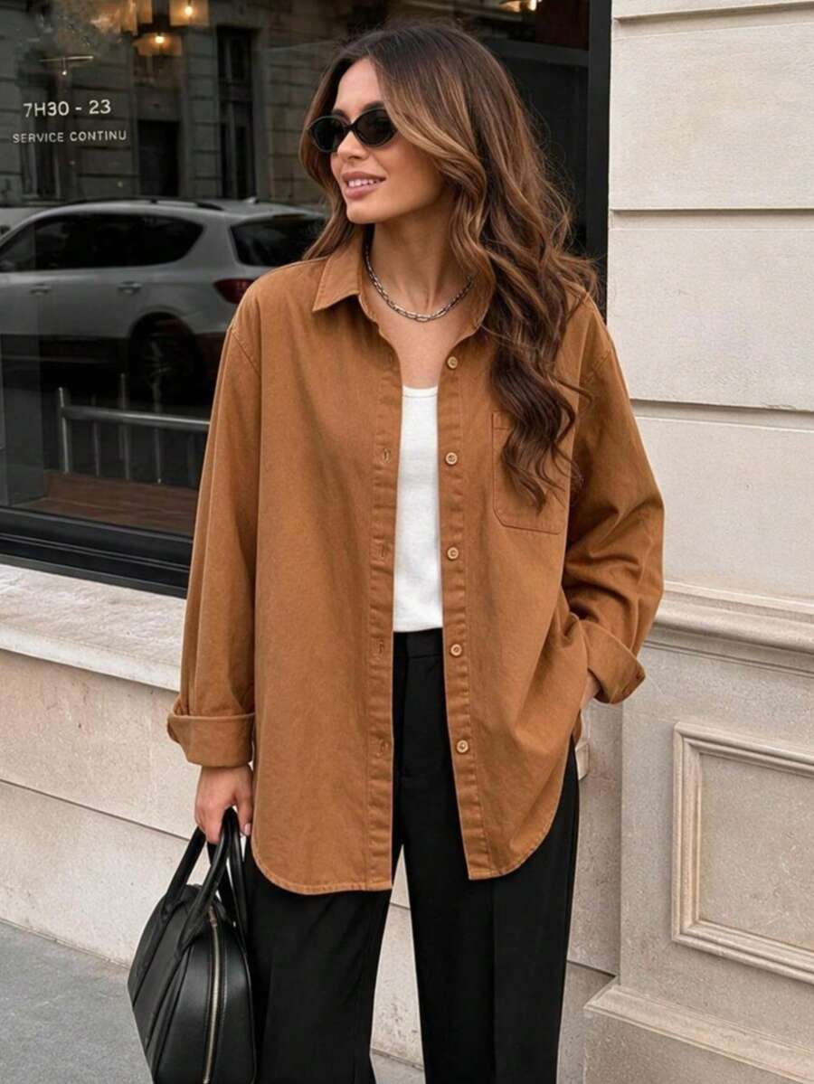Women's Solid Color Pocket Front Button-Down Casual Shirt, Autumn - Warm Orange Brown - View 1