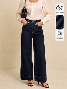 Women's Straight Leg Loose Drape Wide Leg Denim Jeans With Pockets - Dark Wash - View 2