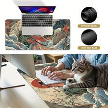 Mouse Pad Gaya Jepang - Desain Kucing Samurai & Pemandangan Ombak, Alas Gaming Anti Selip yang Diperpanjang, Alas Keyboard Ekstra Besar untuk Laptop dan PC, Hadiah Sempurna untuk Pecinta Kucing dan Penggemar Anime - kucing samurai - View 3