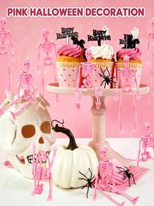 12/6 Pcs Mini Pink Halloween Skull With Hemp Rope, Small Plastic Skeleton, Suitable For Holiday Decoration Or Party Supplies, Ideal Choice For Halloween Party Decoration - View 3