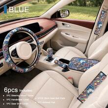 6PCS Bohemian Style All-Season Linen Car Interior Set, Durable & Anti-Slip, Includes 1 Steering Wheel Cover, 1 Armrest Pad, 1 Handbrake Cover, 1 Gear Shift Cover, 2 Shoulder Covers, Suitable For Manual SUV, Sedan, Off-Road Vehicle And More - Multicolor - View 15