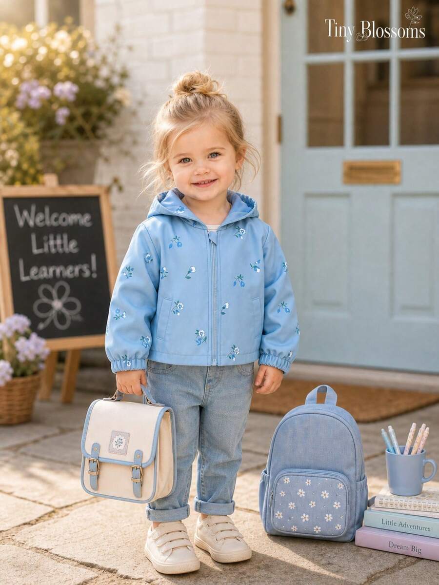 1pc Baby Girl Casual Printed Long Sleeve Hooded Jacket Thin Spring/Autumn - Blue - View 1