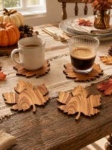 1PC Thanksgiving Maple Wood Decor Set, Autumn Tabletop Decoration Mat, Natural Wooden Coaster, Rustic Farmhouse Style Kitchen And Dining Table Decor, Holiday Home Decoration Accessory - A - View 2