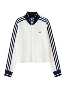 Adidas Women's Sports Jacket SPORTS TT W Stand Collar Contrast Trim Knit Cardigan KX6899 - Jade White/Dark Indigo - View 1